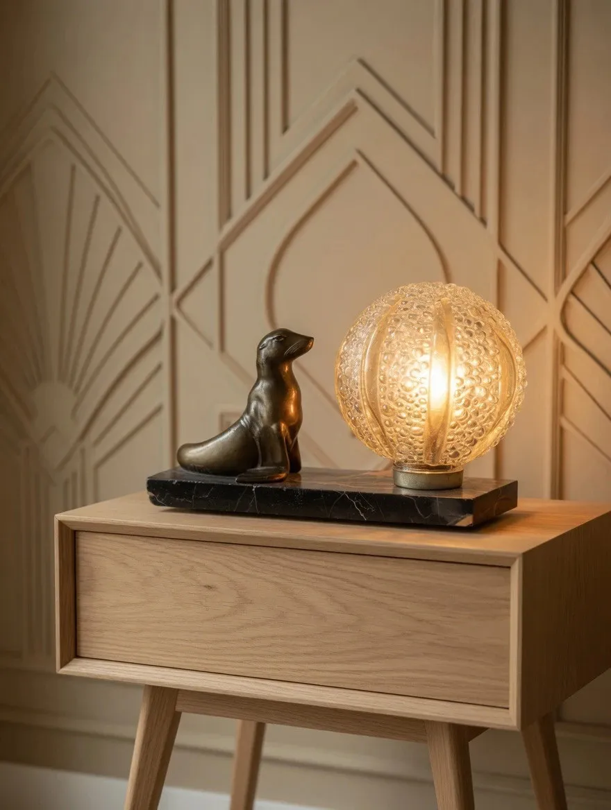 Lampe à poser art déco otarie en régule et globe oursin Helena Tynell
