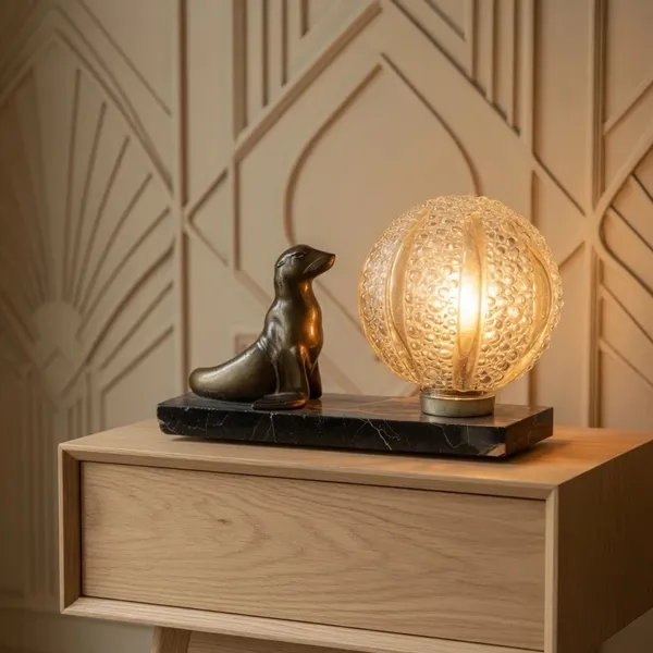 Lampe à poser art déco otarie en régule et globe oursin Helena Tynell