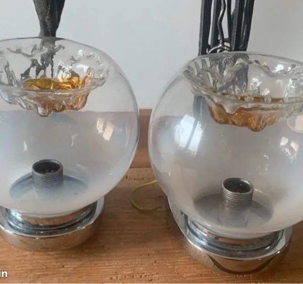 Paire d’appliques Keuco 1970 et globes volcan mazzega Murano