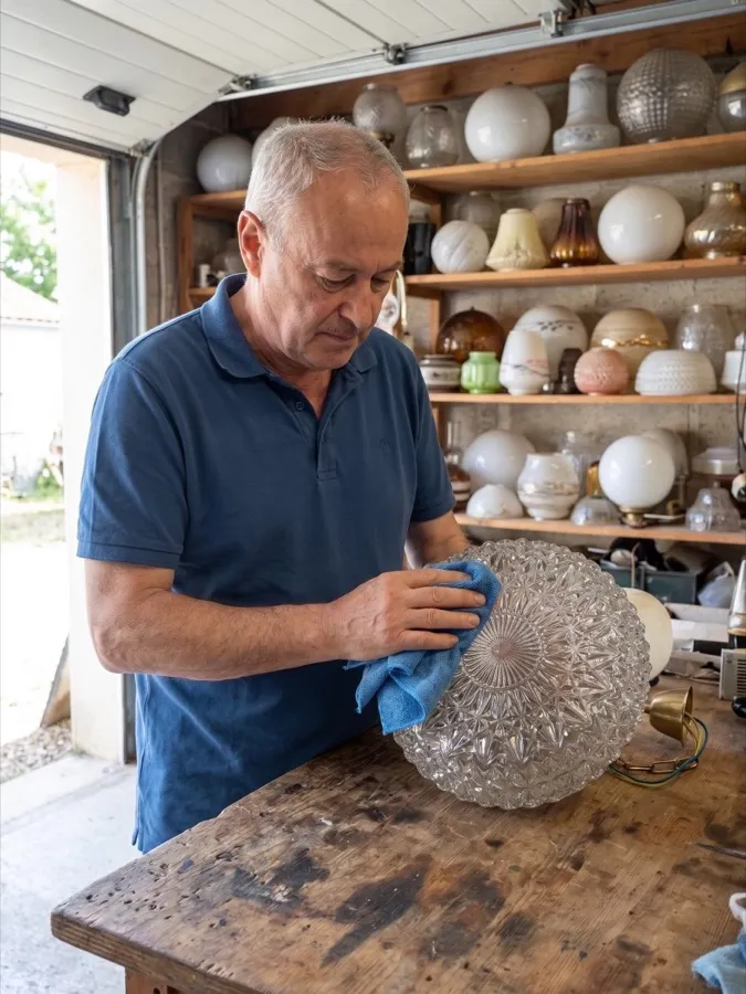 Thierry nettoie un plafonnier en verre pressé, dans son garage