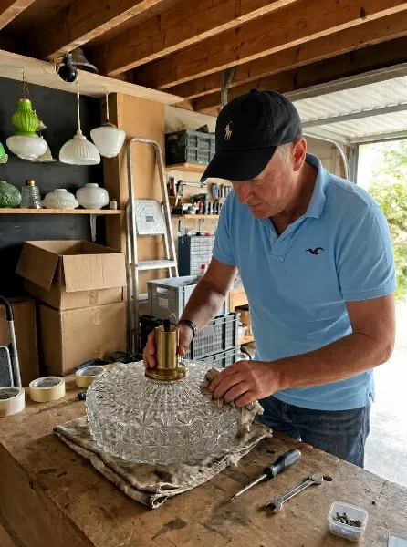 Thierry nettoie un plafonnier en verre pressé, dans son garage